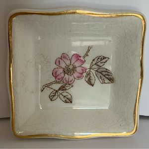 Pink camellia flower trinket dish, gold edged lining 2 3/4” squared